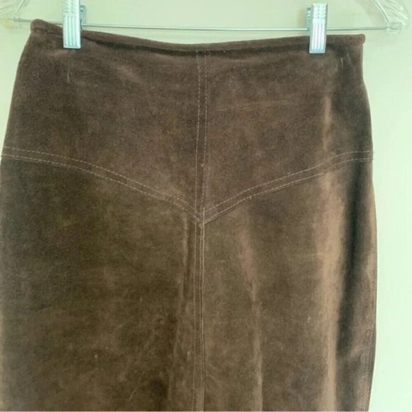 Vintage Mister Leather Chocolate Brown Suede Leather Fringe Midi Skirt - Picture 9 of 16